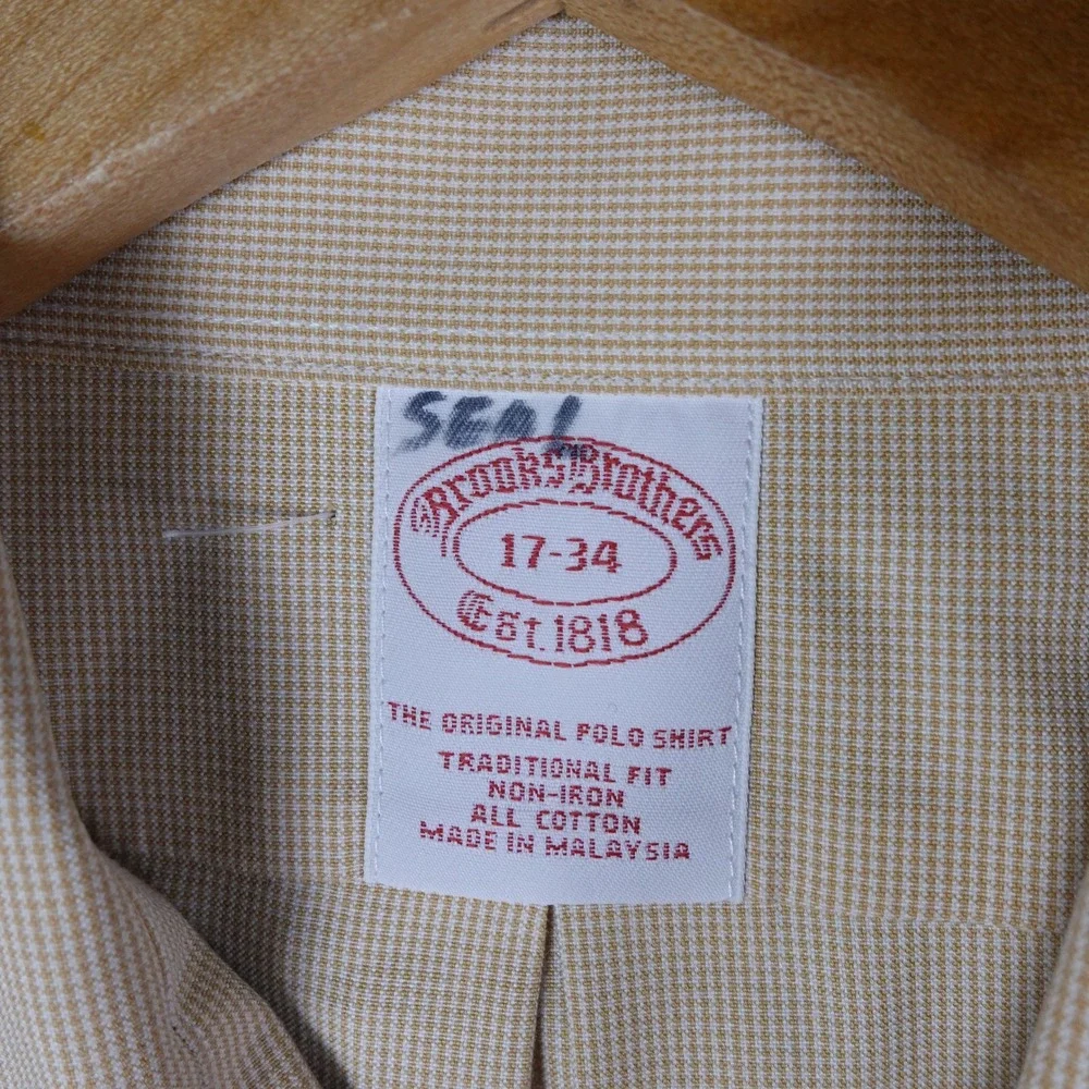 Brooks Brothers Mens 17-34 Traditional Fit Non-Iron Cotton Dress Shirt Tan Check